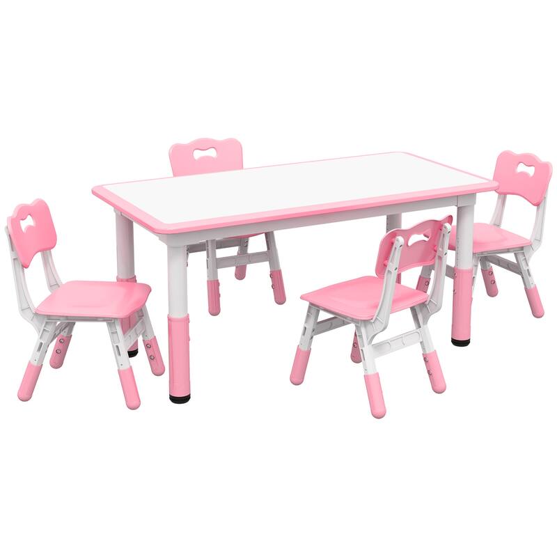 Qaba Kids Table and Chair Set with 4 Chairs, Adjustable Height, Easy to Clean Table Surface, for 1.5 - 5 Years Old - pink