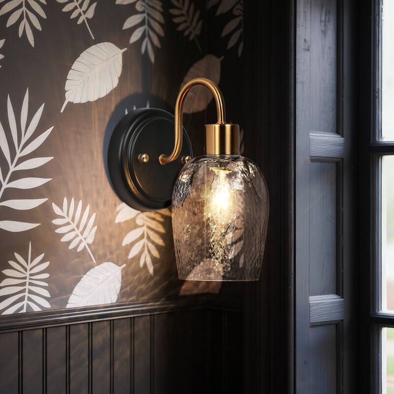 Waylin Modern Elegant 1-Light Water Ripple Glass Shade Black Gold Wall Sconce Dimmable Bathroom Vanity Lighting