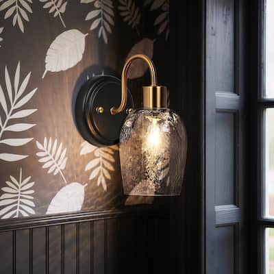 Waylin Modern Elegant 1-Light Water Ripple Glass Shade Black Gold Wall Sconce Dimmable Bathroom Vanity Lighting