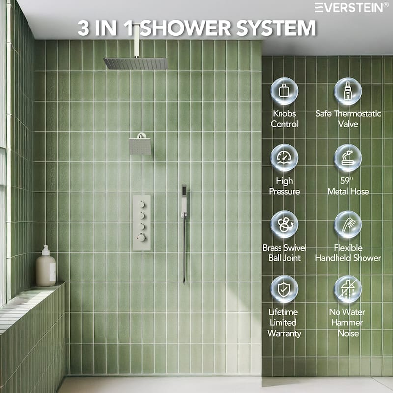 Dual Heads 16" Rainfall & High Pressure 6" Shower System w/ 3 Way Thermostatic Faucet 