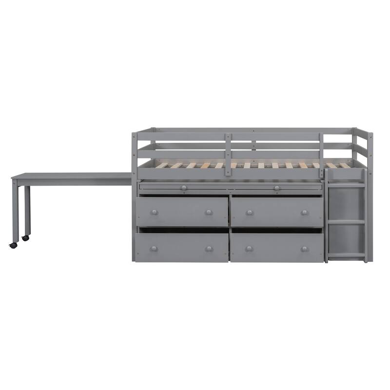 Solid Wood Loft Bed with Retractable Desk and Drawers