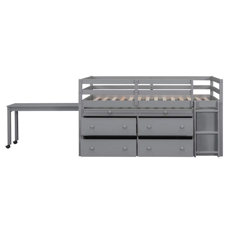 Twin Size Solid Wood Loft Bed with Retractable Desk and Drawers