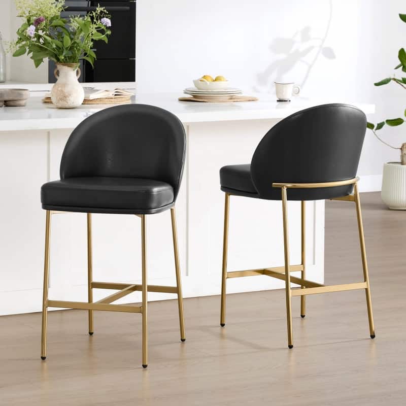 Spruce & Spring Upholstered Counter Bar Stool with Metal Frame - Set of 2 - Black-Bronze Legs