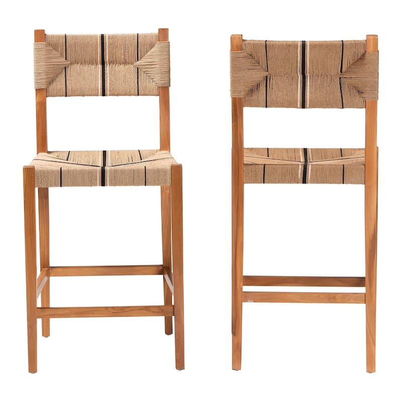 Prita Bohemian Paper Loom and Mahogany Wood 2-Piece Bar Stool Set