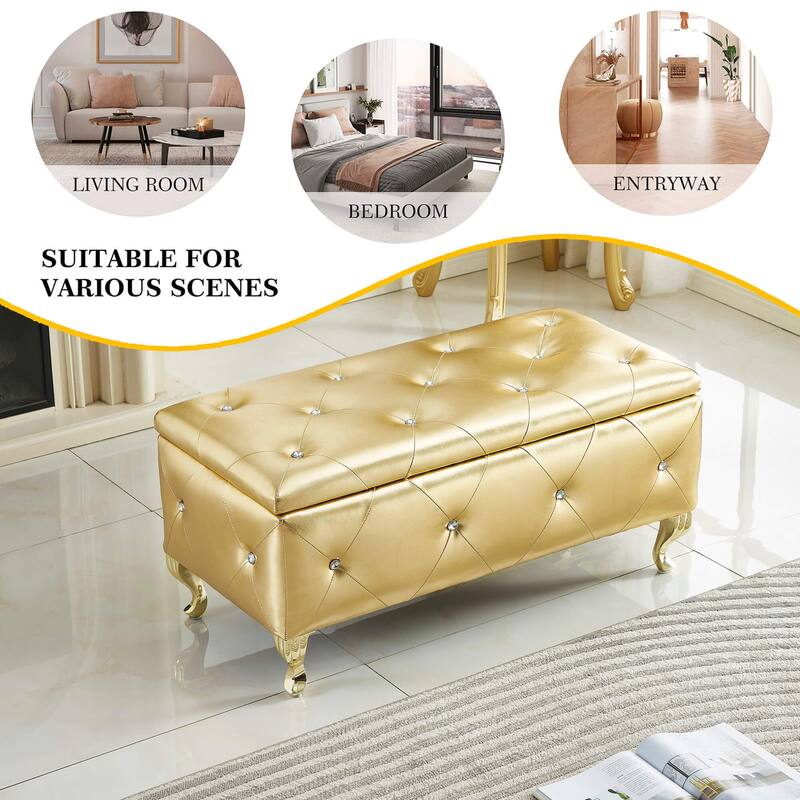 Upholstered Storage Bench Ottoman Bench with Wood Legs, Gold Leather Bench End of Bed Bench Indoor Bench