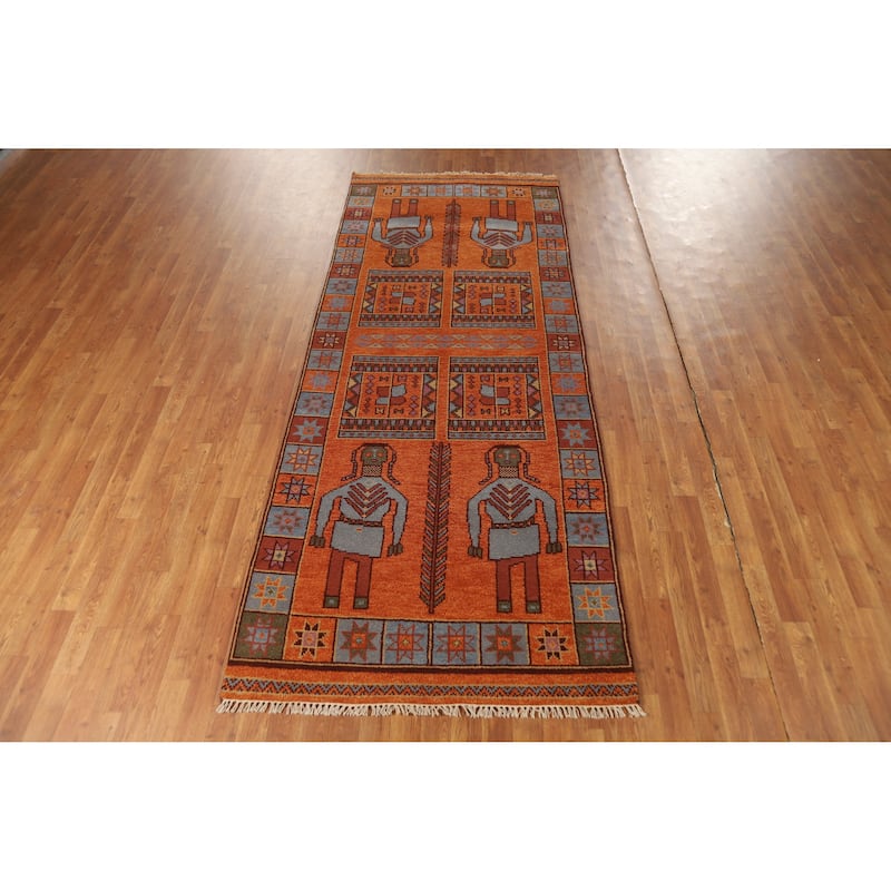 Hand Knotted Oriental 100% Wool Carpet Traditional Tribal Oranges & Rust Heriz (serapi) Runner Rug - 9' 9'' X 3' 10''