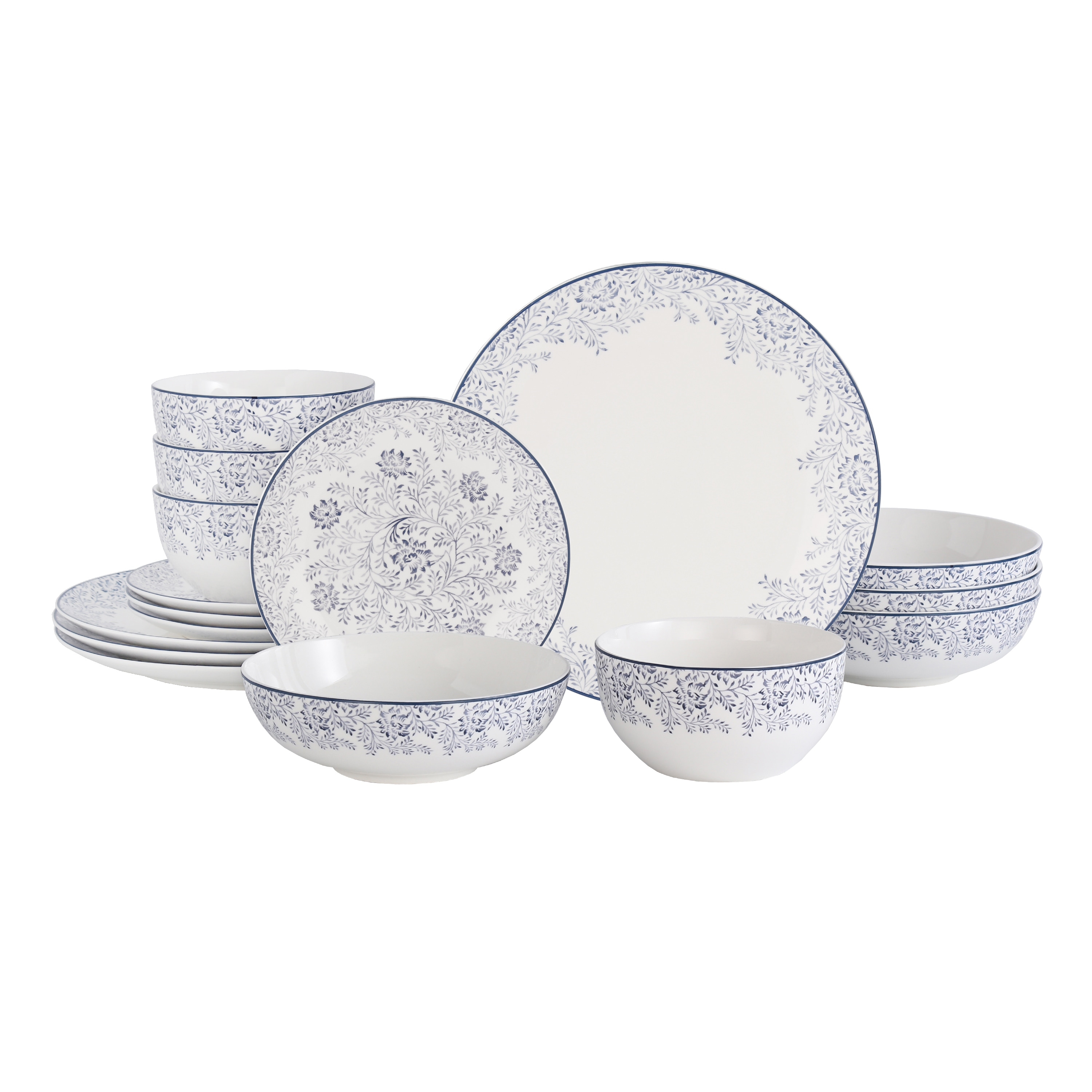 Lorren Home Trends Blue Floral Bone China Dinnerware Set, White, Service for 4, 16 Piece