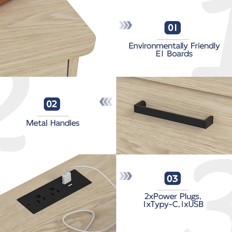 Nightstand with Charging Station,2 USB,Type C,Drawer,Adjustable Shelf