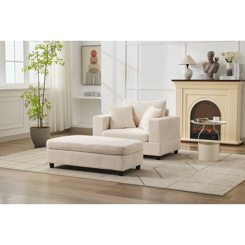 Chaise Lounge Chair with Removable Ottoman, Modern Accent Armchair Corduroy Sleeper Sofa Chair with Pillows for Living Room