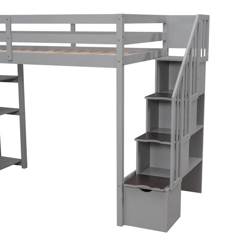 Twin Loft Bed with Storage Stairs, Drawers, and Shelves, Space-Saving Wooden Bed for Kids