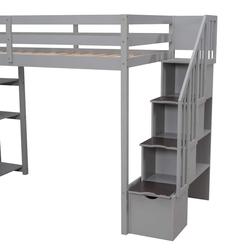 Twin size Loft Bed with Storage Drawers and Stairs, Wooden Loft Bed with Shelves - Espresso