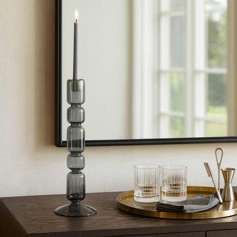Modern Candle Holder with Stacked Sculptural Glass Base - Smoke - 12.0"