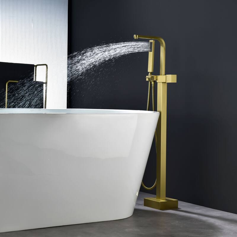 Waterfall Floor Mount Tub Faucet with Handheld Shower Brushed Gold Modern Single Handle Freestanding Bathtub Filler