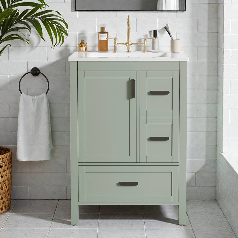 24" Bathroom Vanity with Ceramic Sink, Soft-Close Door, Double-Shelf Storage & 3 Drawers, Solid Wood Frame