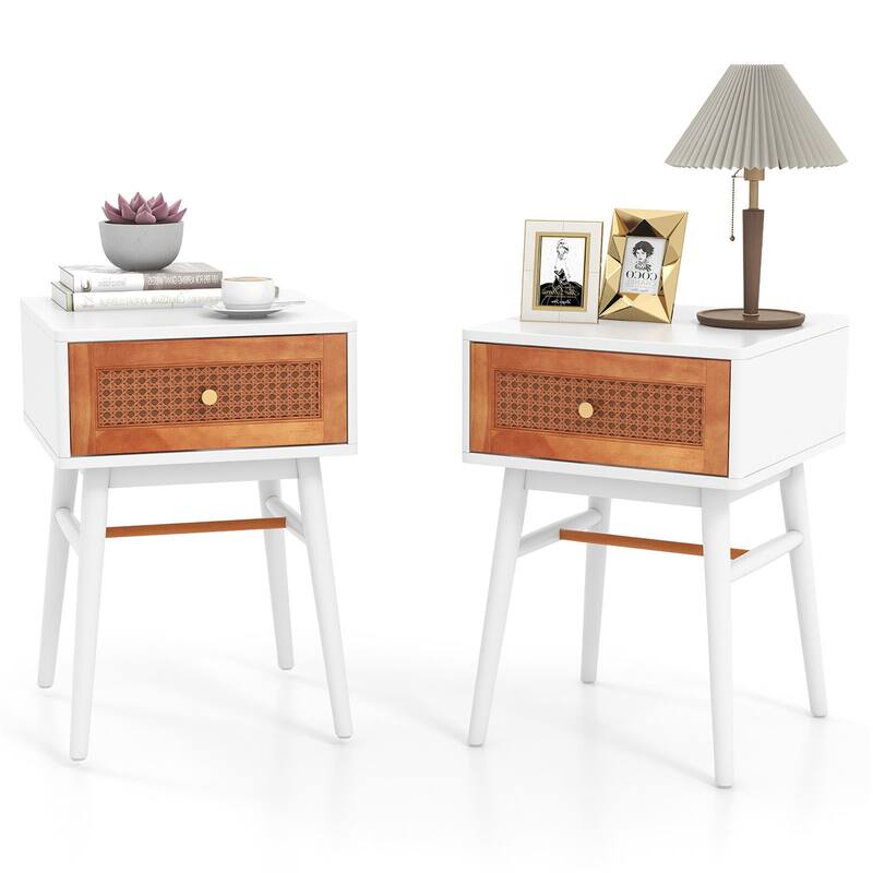 Gymax Set of 2 Nightstand Bedside End Table Solid Wood Legs - White