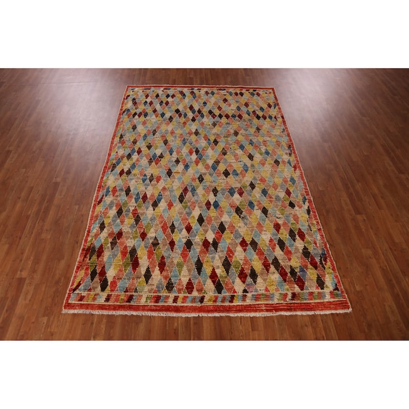 All-Over Trellis Geometric Moroccan Oriental Rug Handmade Wool Carpet - 6'7" x 9'11"