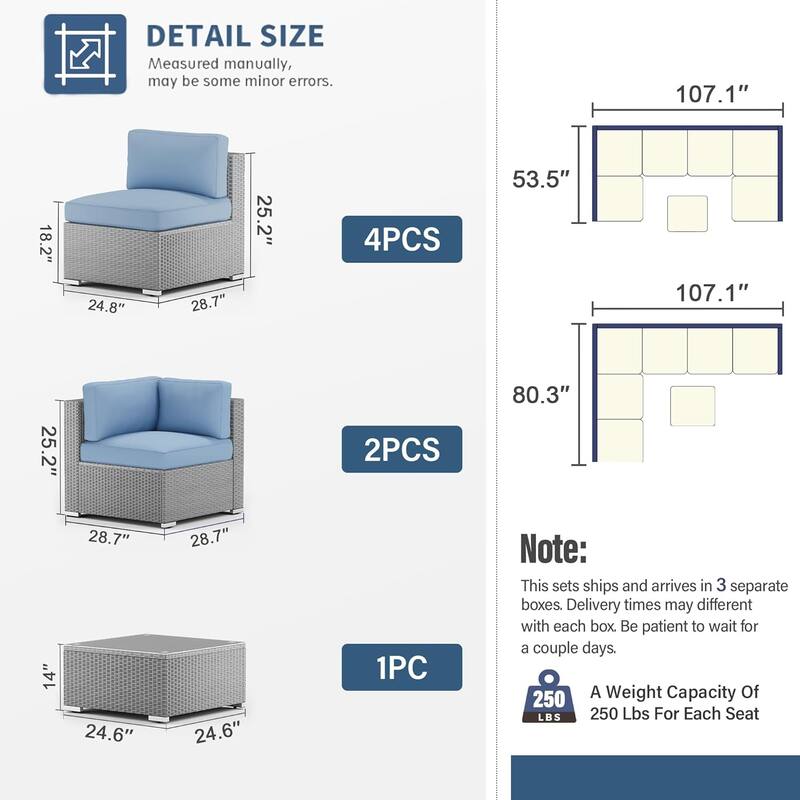 7-piece Outdoor Patio Grey Wicker Rattan Cushioned Sectional Sofa Conversation Set