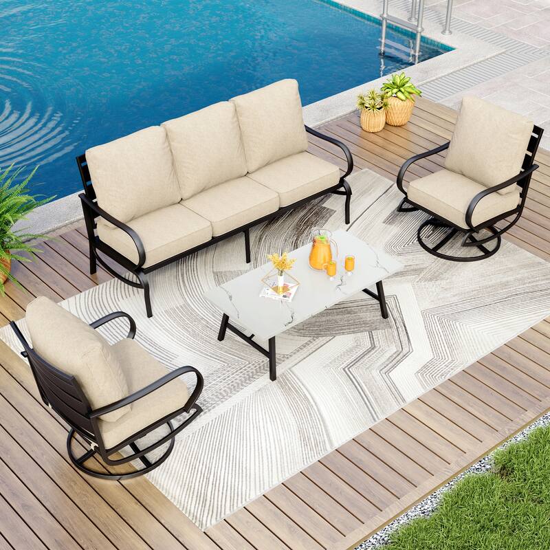MAISON ARTS 5/7/9-Seat Patio Conversation Set, Outdoor Sofa Set with Single Sofa Chairs, 3-Seater Sofa, Ottoman and Coffee Table - 4-Piece - Set 2-Swivel Chairs