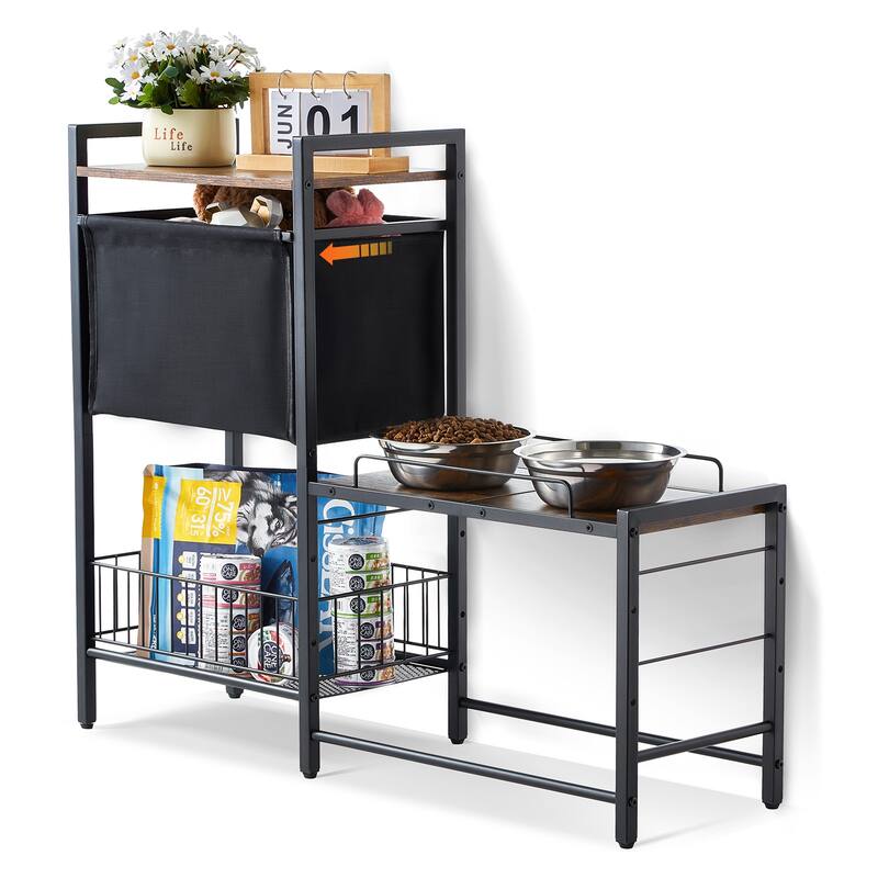 Pet Feeding Station with Storage, Elevated Dog Bowls, Raised Dog Bowl Stand, Dog Food Storage and Feeder Station - Black