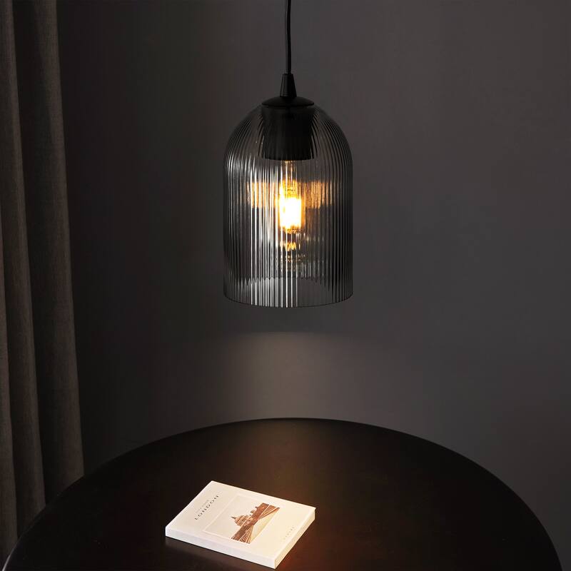 1-Light Modern Rustic Black/Gold Metal Island Pendant Light with Textured Grey/Clear Glass Bell Shade
