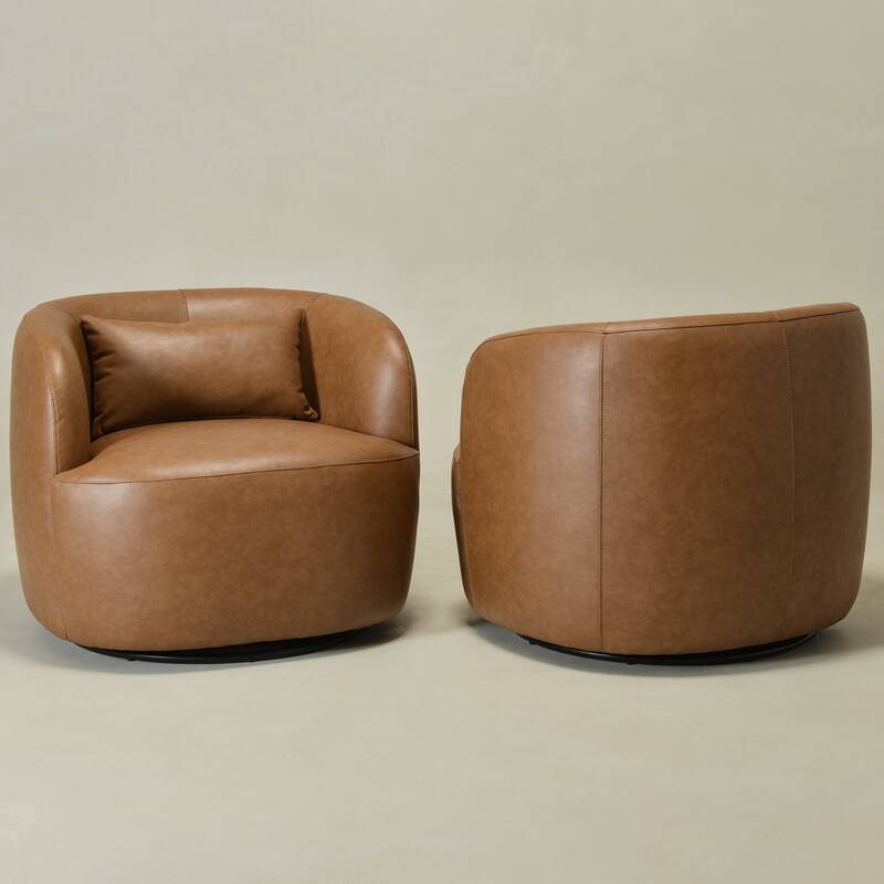 KINWELL 34" Wide Swivel Faux Leather Barrel Armchair Upholstered PU Leather Accent Chairs for Living Room Office Lounge