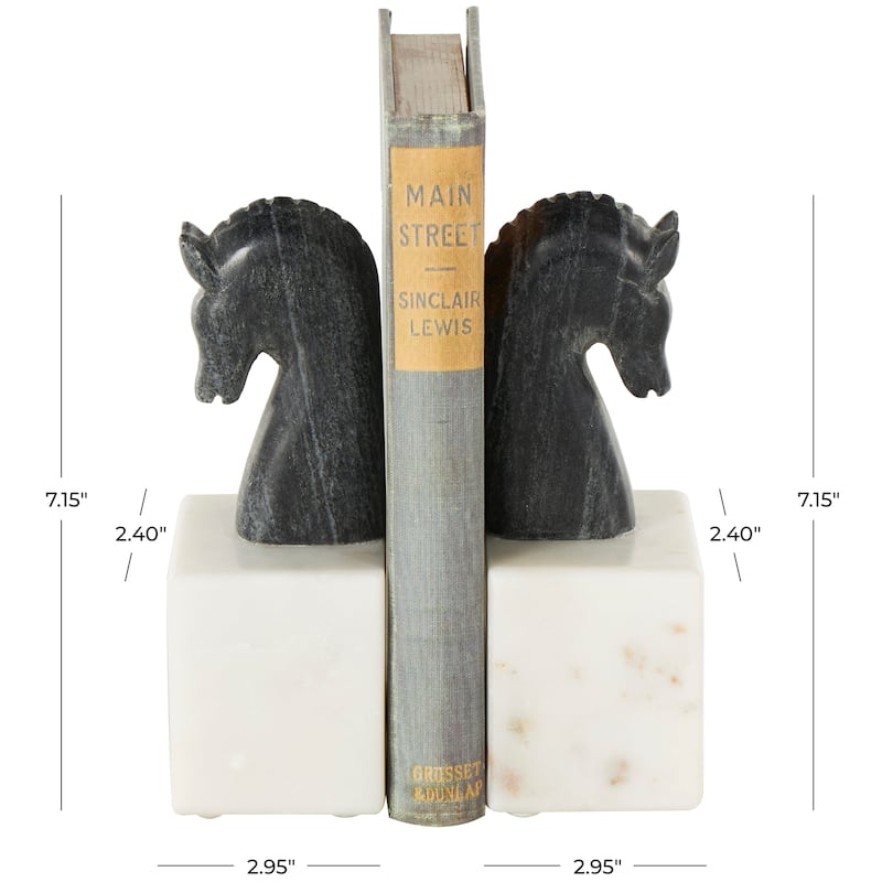 Marble Horse Distressed Bookends with White Block Bases - Set of 2 Black - Roche River Decor