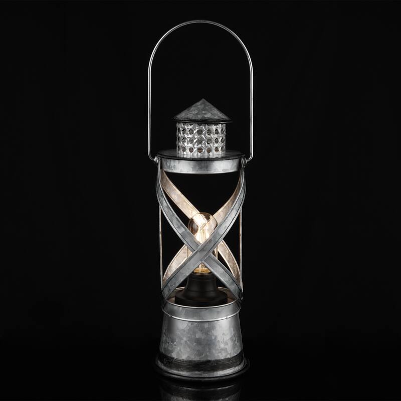 Alpine Corporation 15"H Indoor/Outdoor Vintage Metal Lantern with LED Lights, Silver