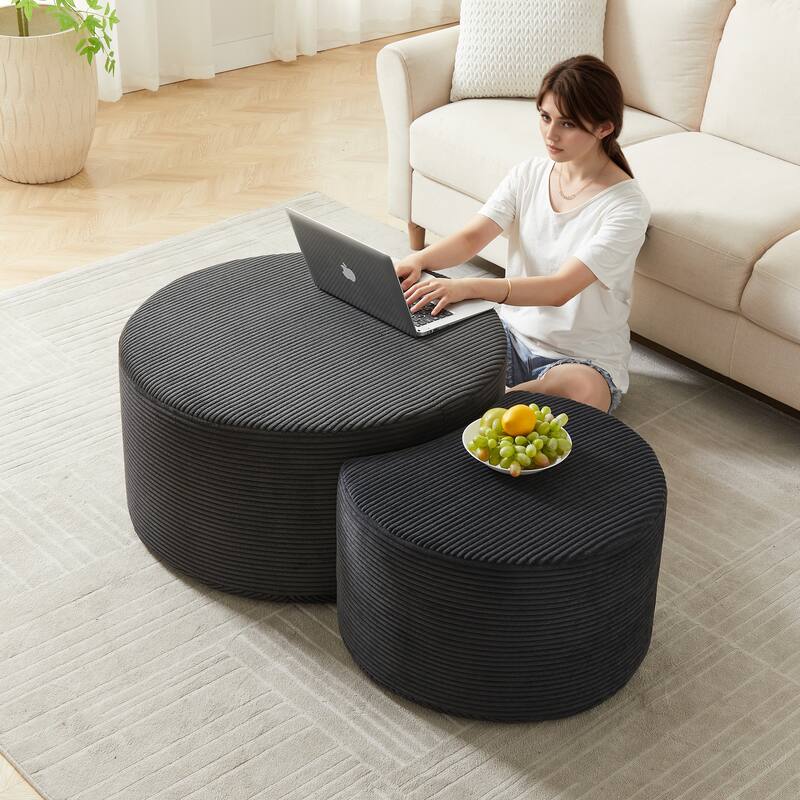 Nesting Tables Set of 2, Corduroy Upholstered Round Coffee Table and Crescent Moon Side Table Set of 2, End Tables Ottomans