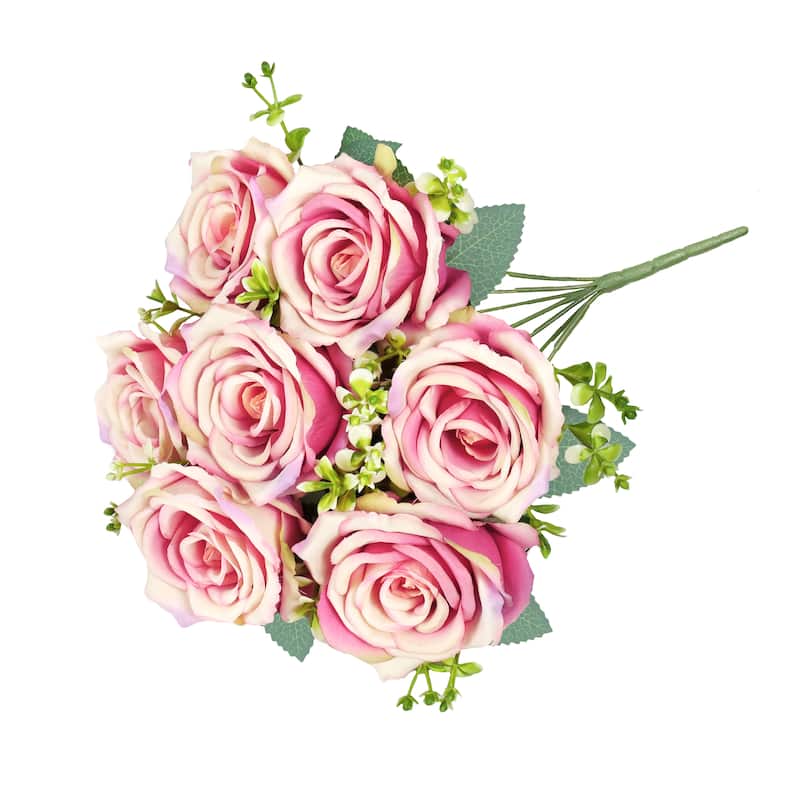 Set of 2 Fuchsia Pink Artificial Elegant Rose Flower Stem Bush Bouquet 17in - 17" L x 9" W x 9" DP