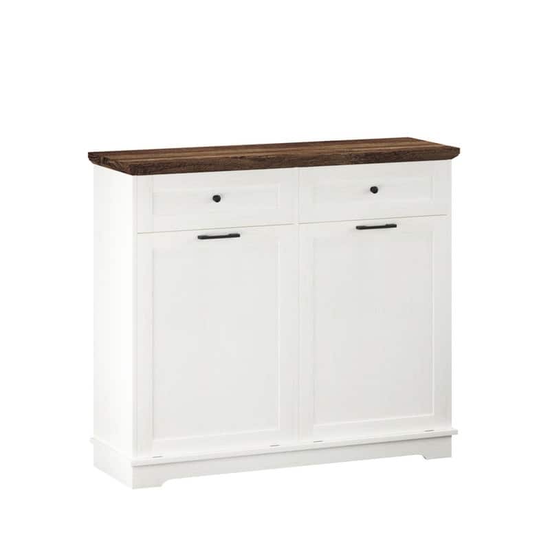 20 Gallon Double Tilt-Out Trash Can Cabinet, Freestanding Wooden Garbage & Recycling Bin with Hideaway Drawer
