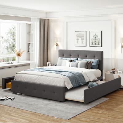 Queen Size Upholstered Bed with 2 Storage Drawers & Twin XL Trundle, Wooden Platform Bedframe, Tufted Headboard, Linen Fabric