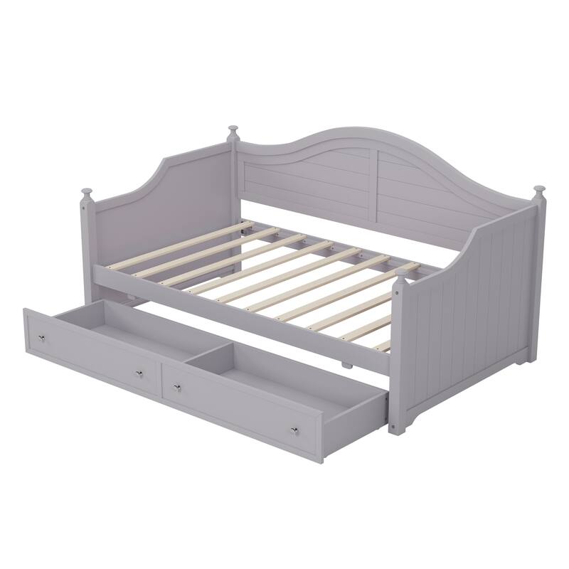 Wooden Daybed with 2 Storage Drawers, Twin Size Storage Platform Bed - Twin Size Extendable Day-bed Pop-up Trundle Bed, Sofa Bed