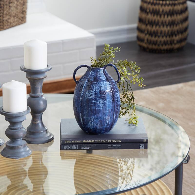 Ceramic Decorative Vase with Handles - Blue - Roche River Decor