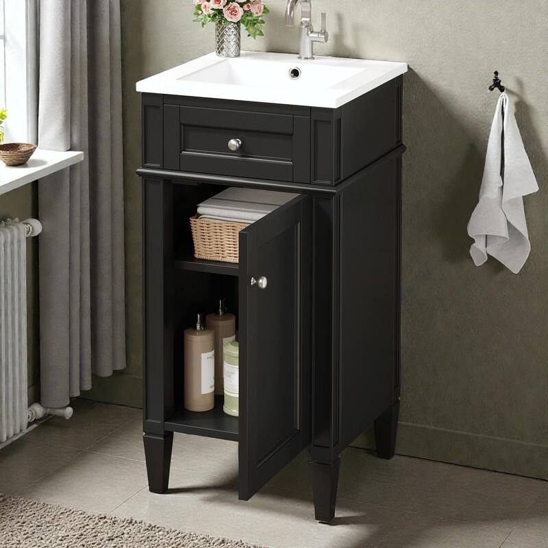 16" Bathroom Vanity with Ceramic Sink, Soft-Close Door & Adjustable Shelf