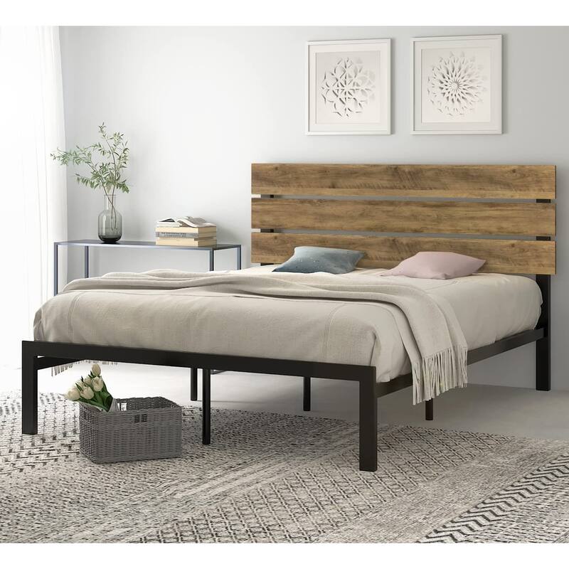 Rustic Style Platform Bed Frame Queen Size with Wood Headboard, Strong Metal Slats Support, Easy Assembly - Light Brown