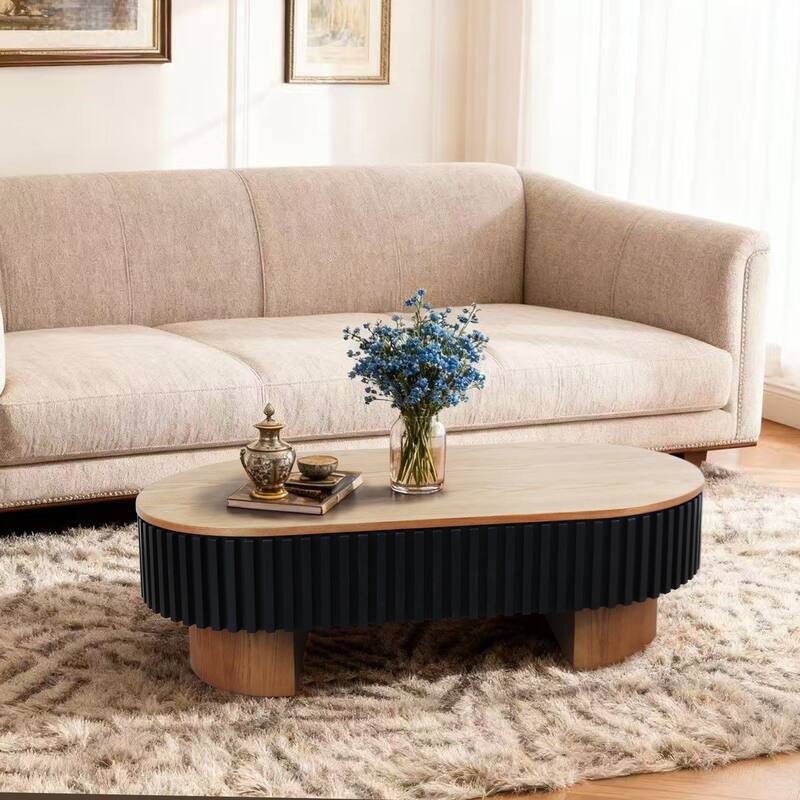 43.7" Elliptical Living Room Coffee Table With Hidden Storage And Removable Tabletop, Solid Wood Veneer Modern Coffee Table - Black