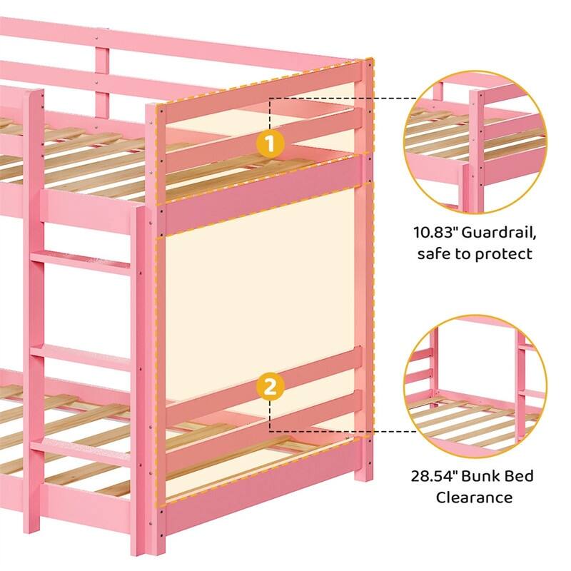 Kids Low Floor Bunk Bed Twin Over Twin With Guard Rails And Stairs
