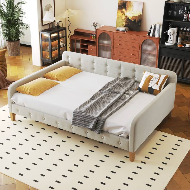 Full Size Velvet Upholstered Daybed Frame with Tufted Backrest & 4 Legs - White