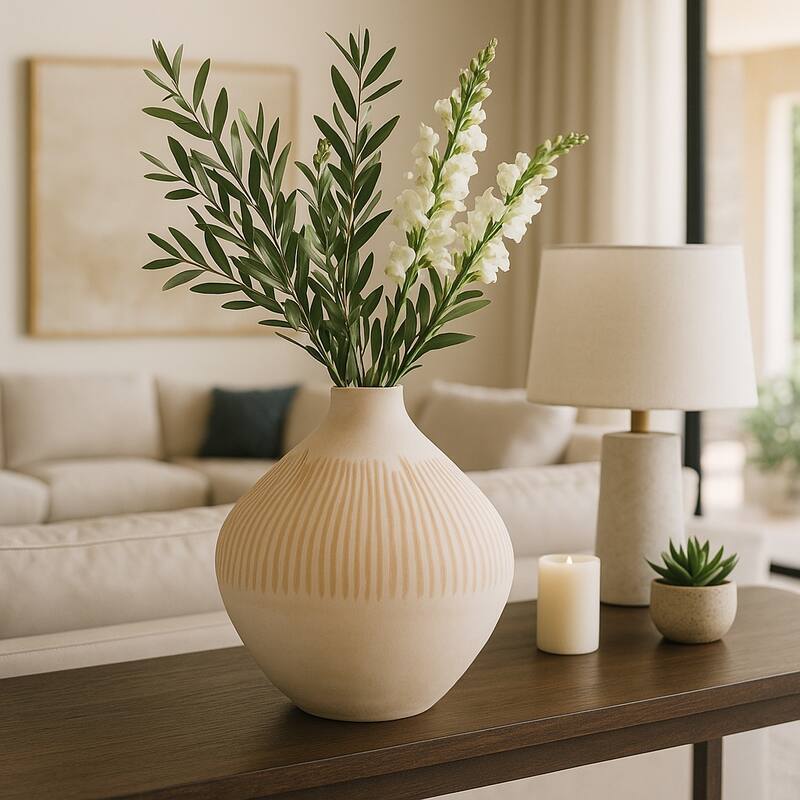 Glass Small Modern Textured Ribbed Vase - Ivory - 14.0"