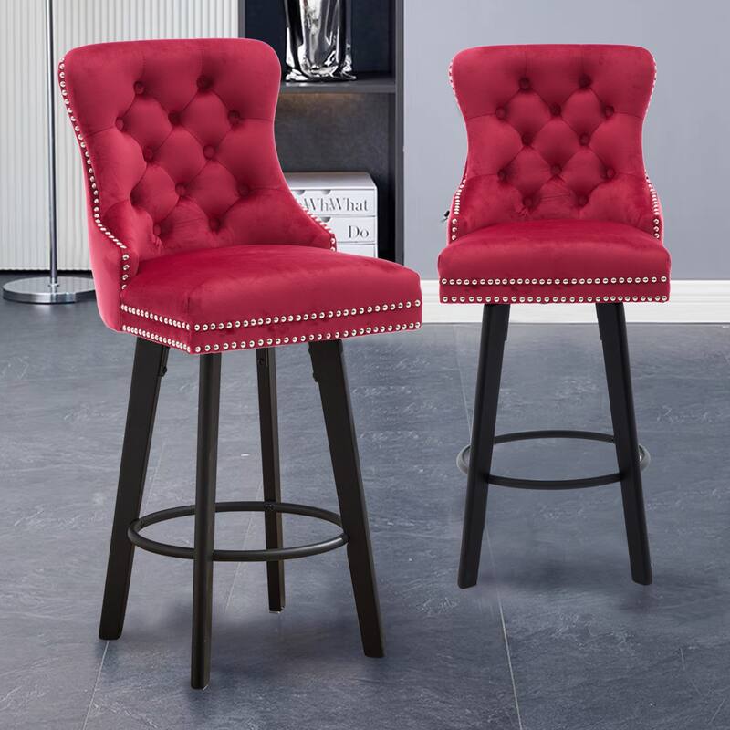 Velvet Swivel Bar Stools Set of 2, Button Tufted Bar Stools with Rivet Trim, Kitchen Stools with Metal Pull Ring & Footrest - Red