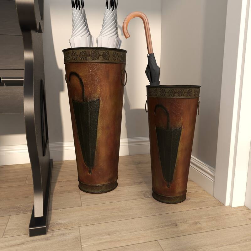 Metal Umbrella Stand with Umbrella Image and Handles - Set of 2 Brown or Black - Roche River Decor