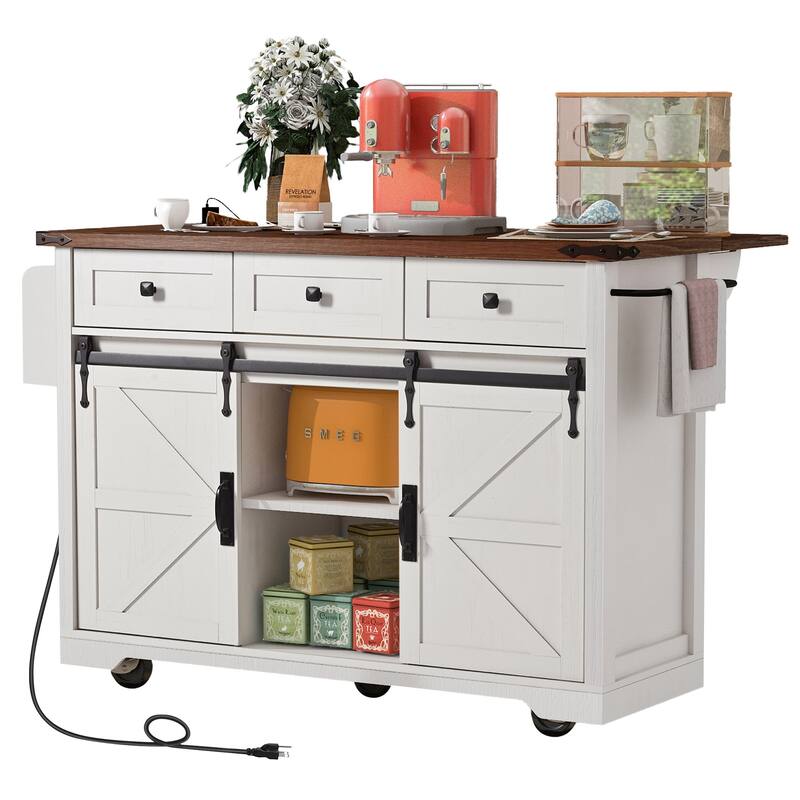 Anmytek 53.7" Farmhouse Rolling Kitchen Island with Power Outlet, Drop Leaf, Sliding Barn Doors, White Storage Cart