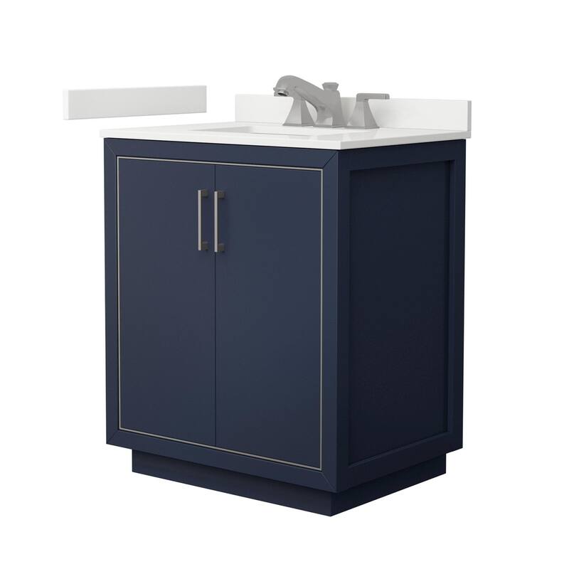 Wyndham Collection WCF111130S-QTZ-US3MXX Icon 30" Free Standing Single - Dark Blue / White Quartz Top / Brushed Nickel
