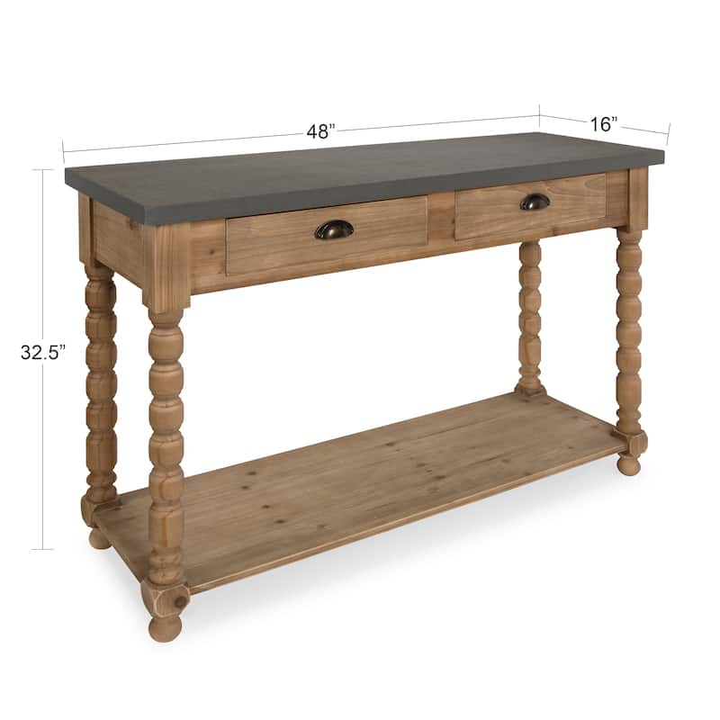 Rutledge Two Drawer Console Table, Rustic Wood and Concrete Gray Top