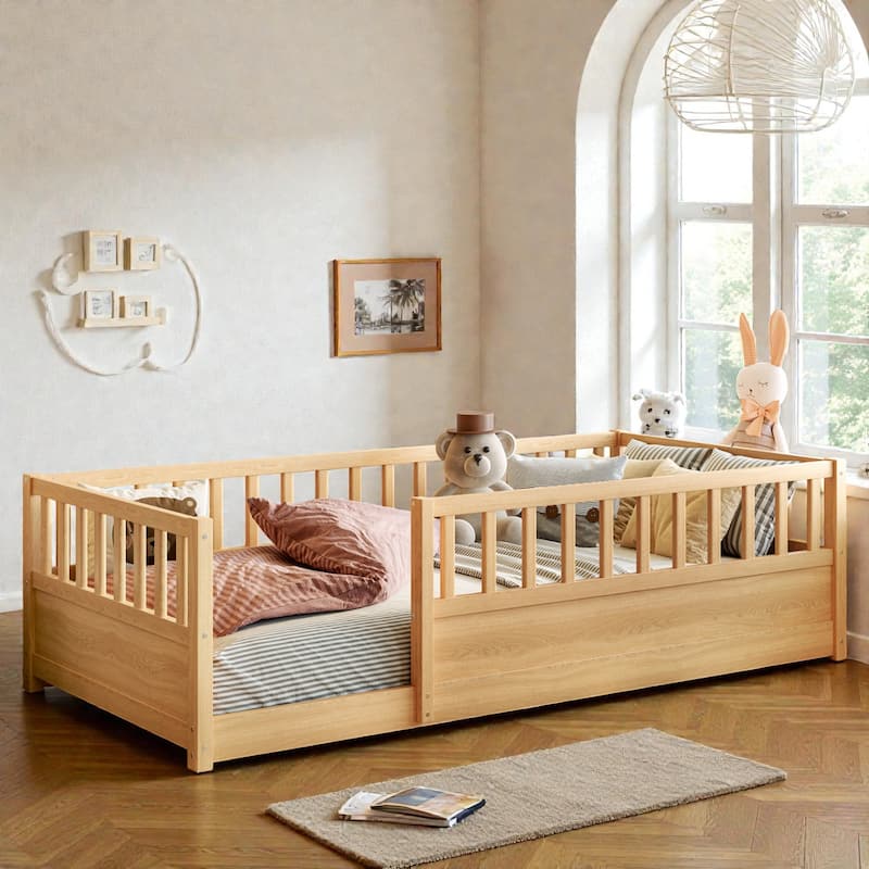 Montessori Wooden Floor Bed with High Safety Fence and Door, Pine Kids Floor Bed Frame for Boys and Girls - Natural - Twin