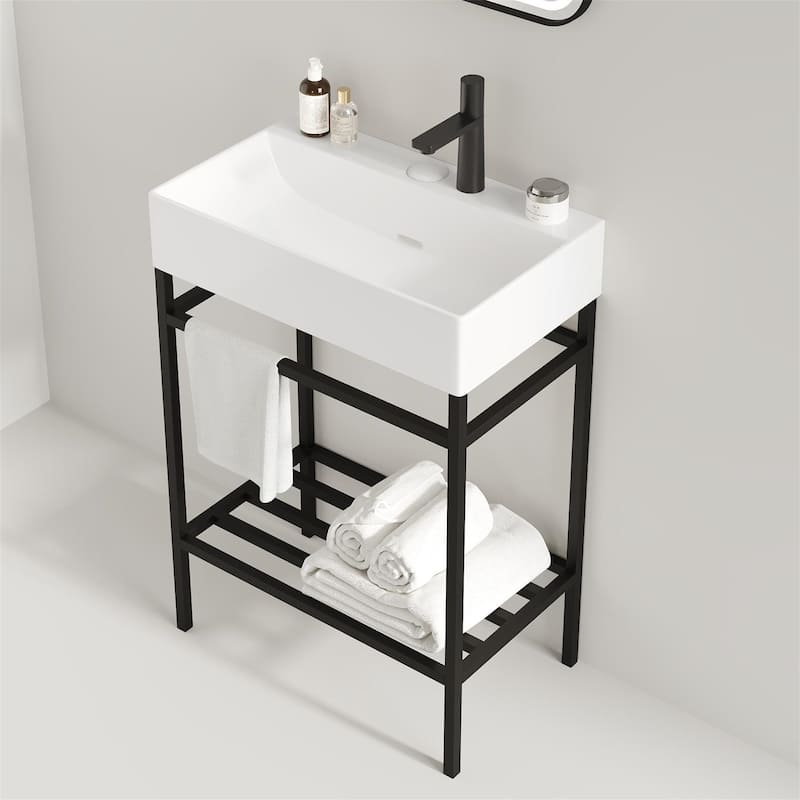 24" Bathroom Vanity Set with Ceramic Basin and Storage Shelves (No Faucet) - White