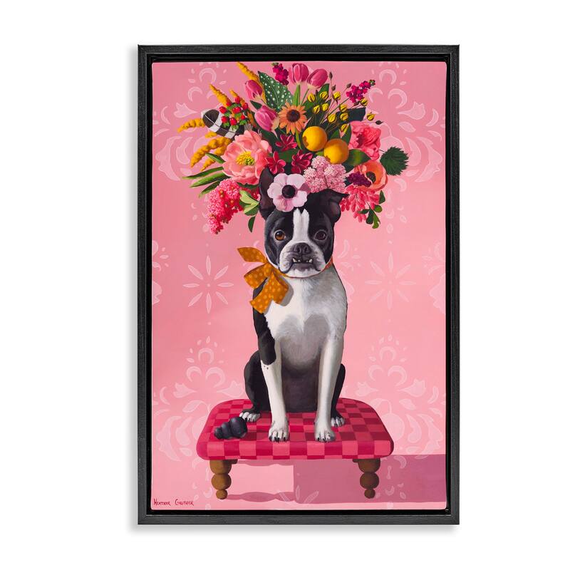 Stupell Bulldog & Pink Bouquet Framed Floater Canvas Wall Art Design By Heather Gauthier - 17 x 25 - Black