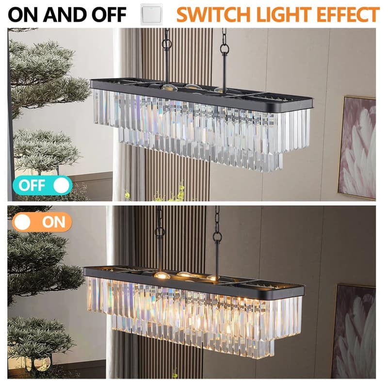Adjustable Rectangular Crystal Chandelier - E12 Modern Industrial Farmhouse Ceiling Light with Iron Frame (Bulbs Not Included)