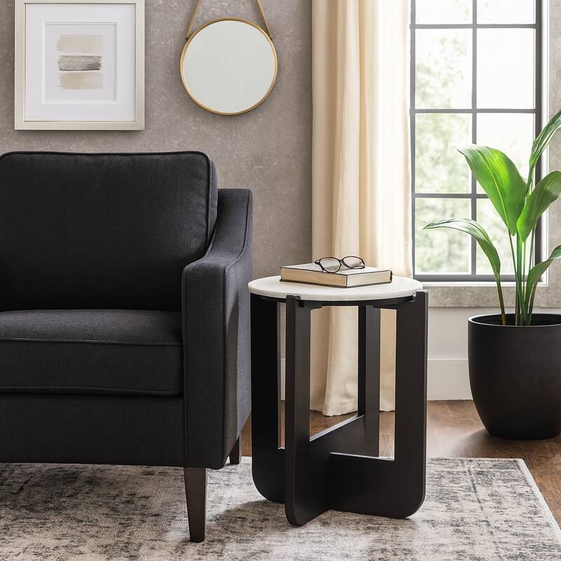 Marble Wood Accent Table Round Top Frame Modern - 20" White Black - 16" x 16" x 19.75"