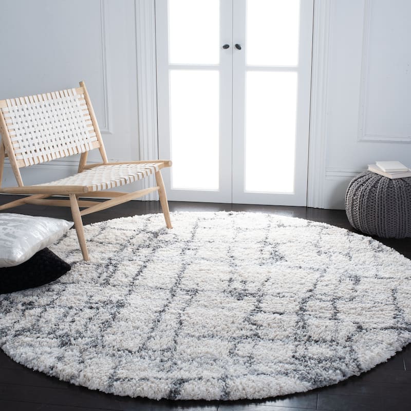 SAFAVIEH Fontana Shag Leftera Modern Abstract 2-inch Thick Rug - 8' Round - Ivory/Grey